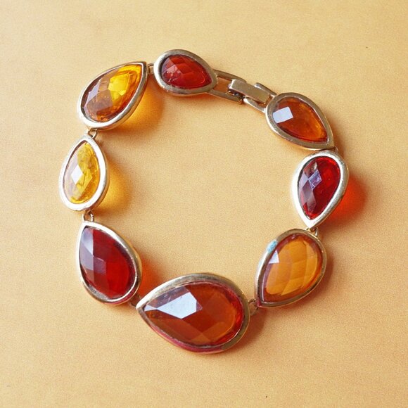 Vintage 1990s Amber & Gold Bezel Set Bracelet – Faceted Teardrop Faux Crystal - Picture 1 of 4